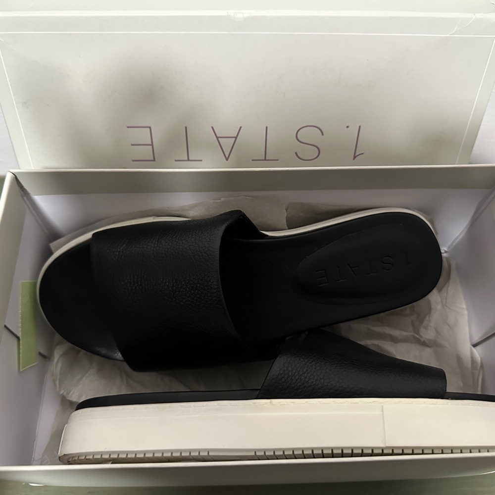 1. State "Joaquin" Black Leather White Rubber Platform Sole Slide-In Sandals